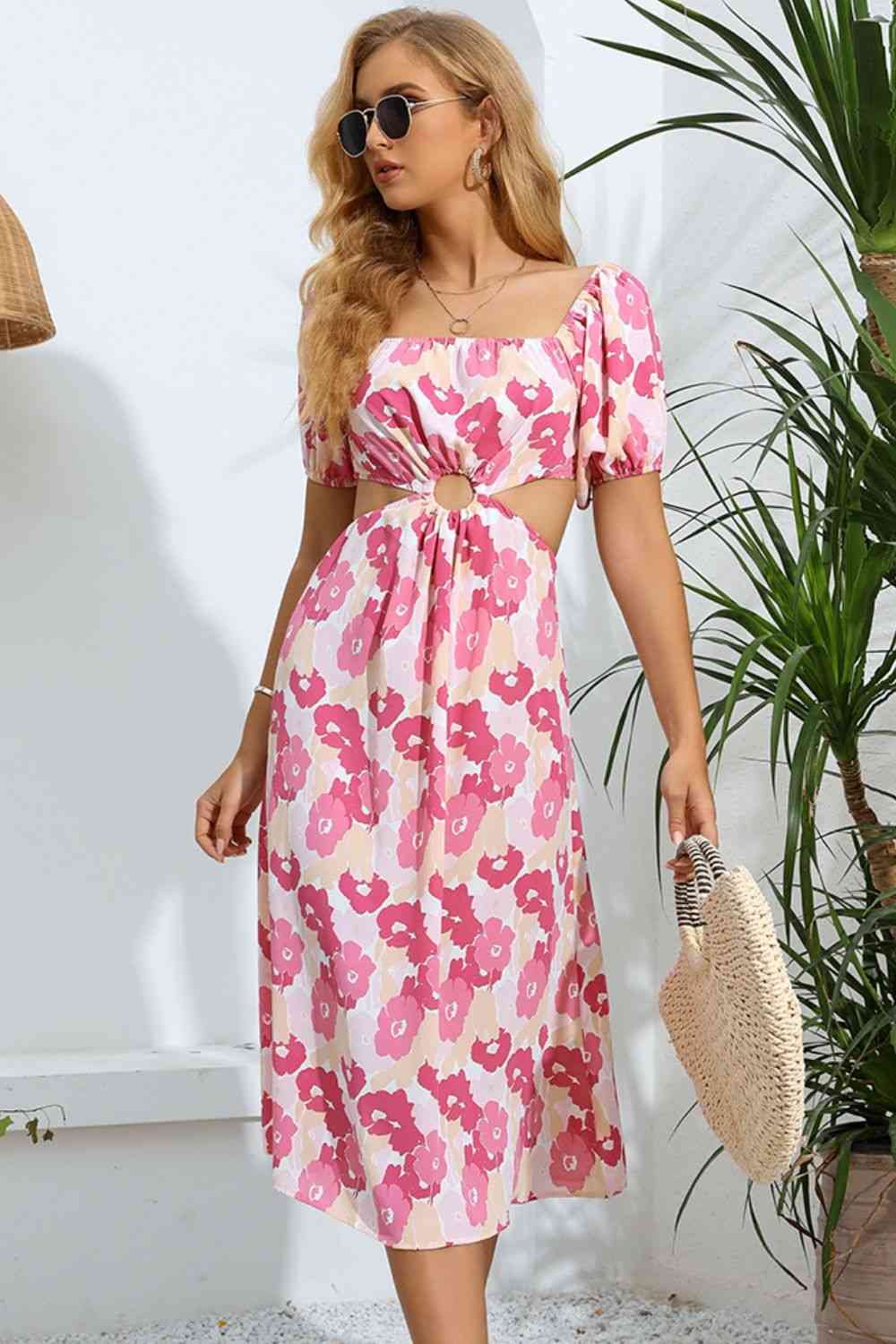 Floral Cutout Square Neck Puff Sleeve Dress -BazaarBey - www.shopbazaarbey.com