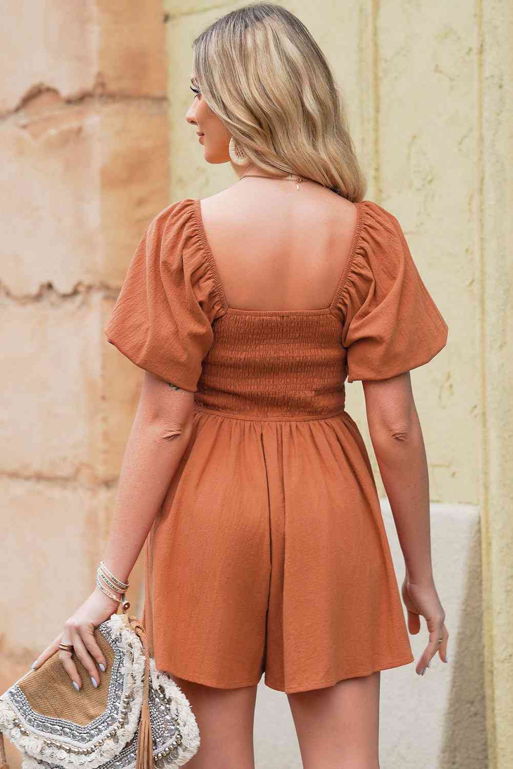 Square Neck Pleated Romper with Pockets -BazaarBey - www.shopbazaarbey.com
