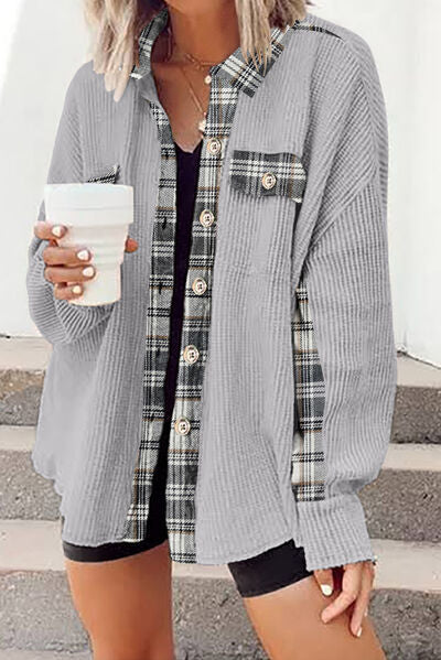 Plaid Button Down Collared Jacket Trendsi