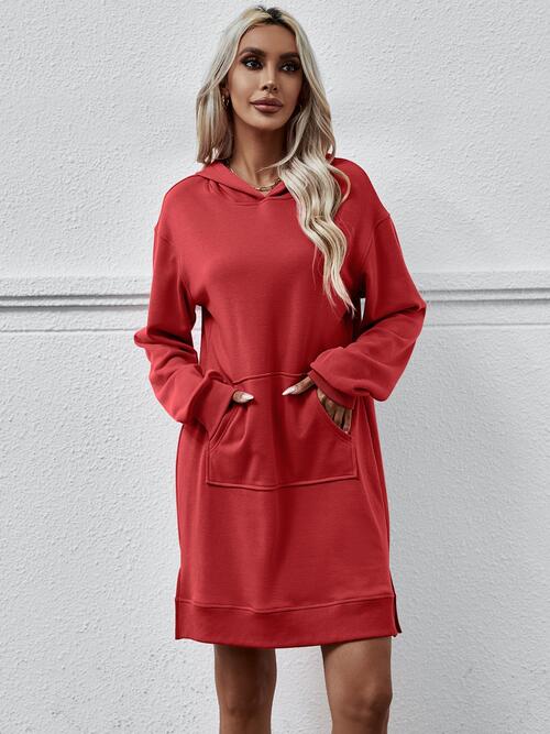 Slit Long Sleeve Hooded Dress with Pocket -BazaarBey - www.shopbazaarbey.com