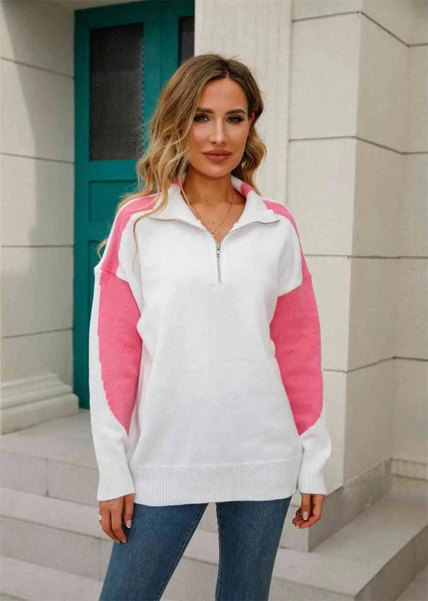 BazaarBey Two-Tone Collared Neck Dropped Shoulder Knit Top 