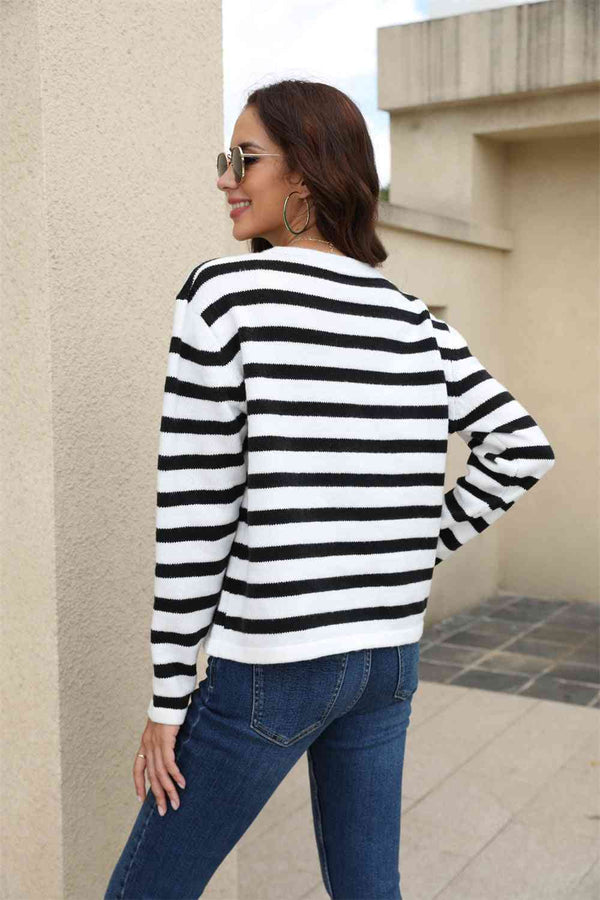 Striped Round Neck Button-Down Dropped Shoulder Cardigan Bazaarbey