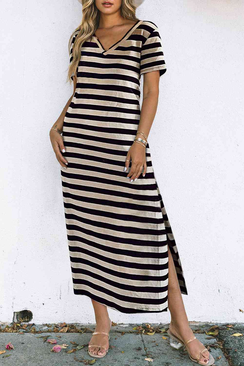 Striped V-Neck Short Sleeve Side Slit Dress -BazaarBey - www.shopbazaarbey.com