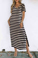 Striped V-Neck Short Sleeve Side Slit Dress -BazaarBey - www.shopbazaarbey.com