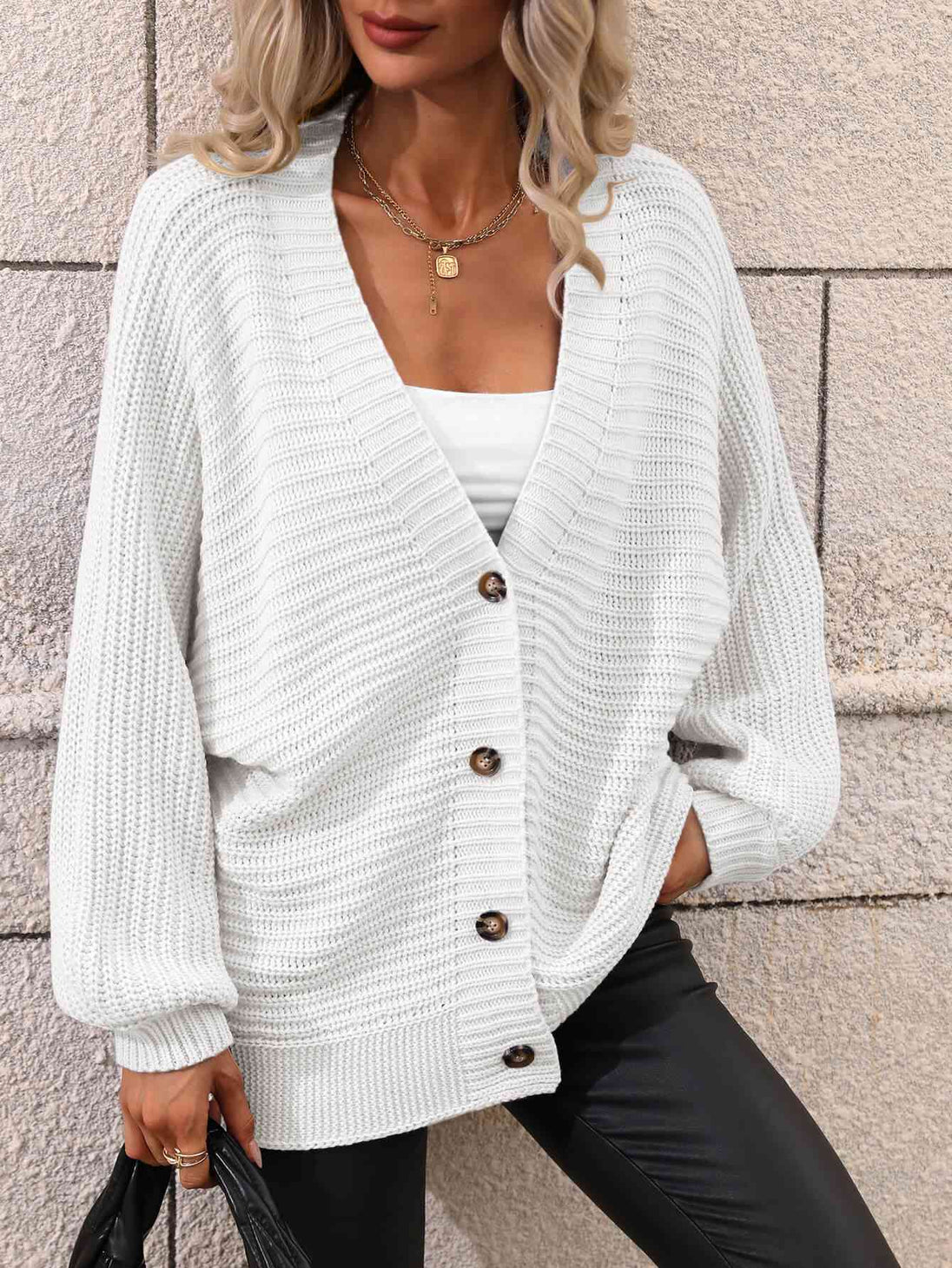  Button Down Horizontal-Ribbing  Cardigan Trendsi