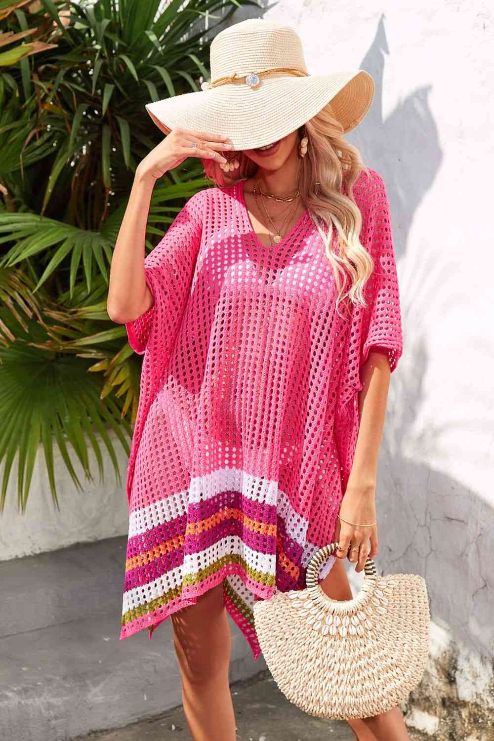 Rainbow Stripe Openwork Slit Cover-Up Bazaarbey
