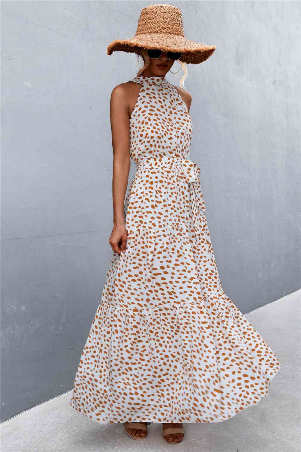 Printed Sleeveless Tie Waist Maxi Dress Bazaarbey