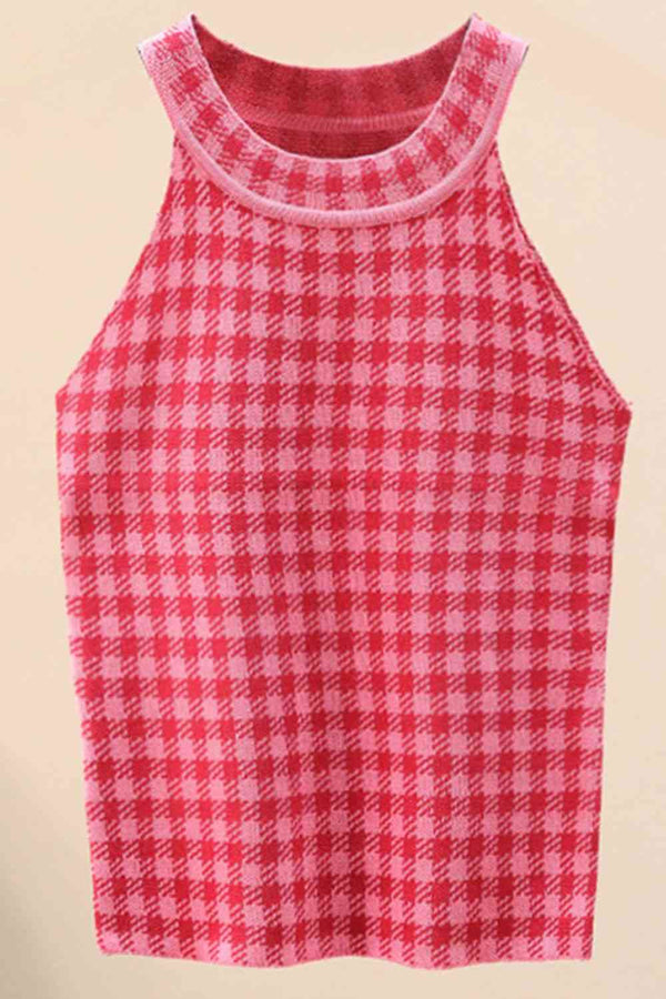 BazaarBey Plaid Round Neck Sleeveless Knit Top 