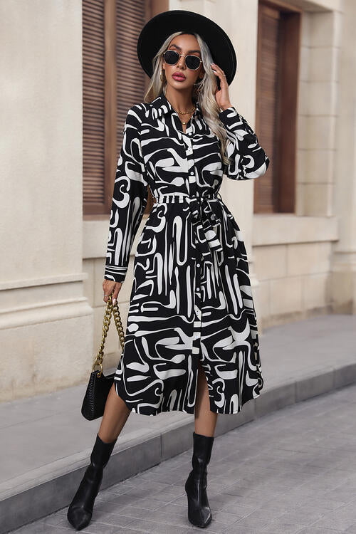Printed Tie Front Collared Neck Slit Shirt Dress -BazaarBey - www.shopbazaarbey.com