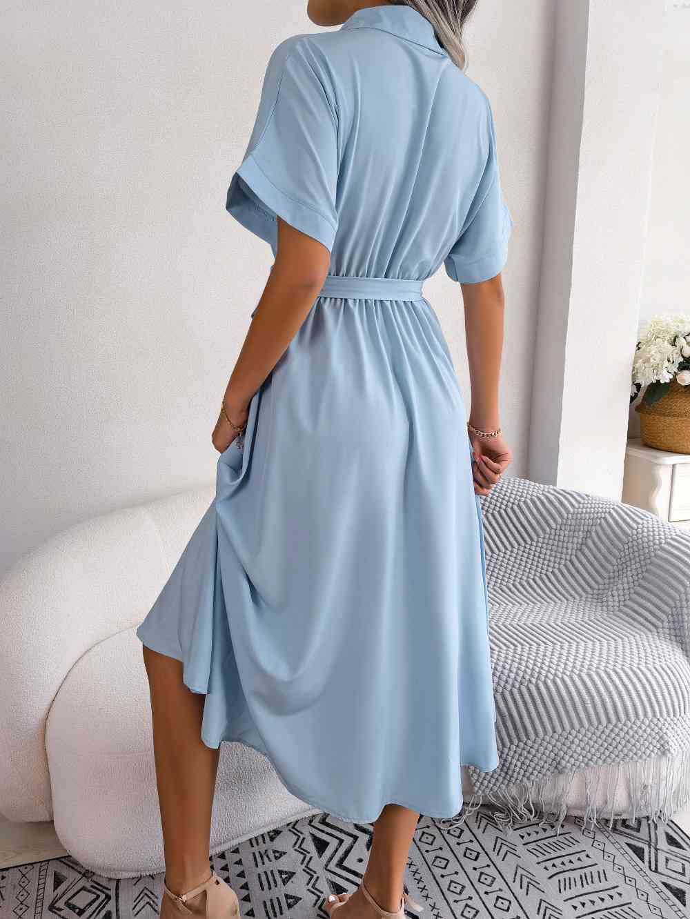 Short Sleeve Collared Tie Belt Dress -BazaarBey - www.shopbazaarbey.com