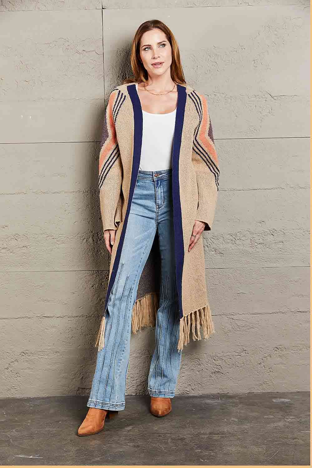 BazaarBey  Geometric  Hem Open Front Duster Cardigan Bazaarbey