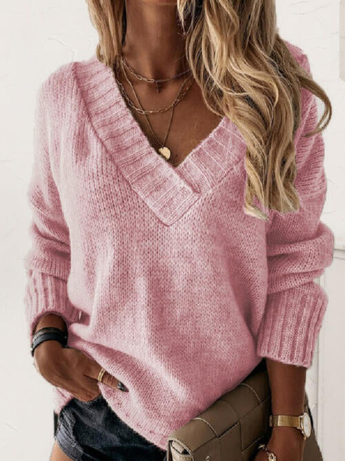 BazaarBey V-Neck Long Sleeve Knit Top Bazaarbey