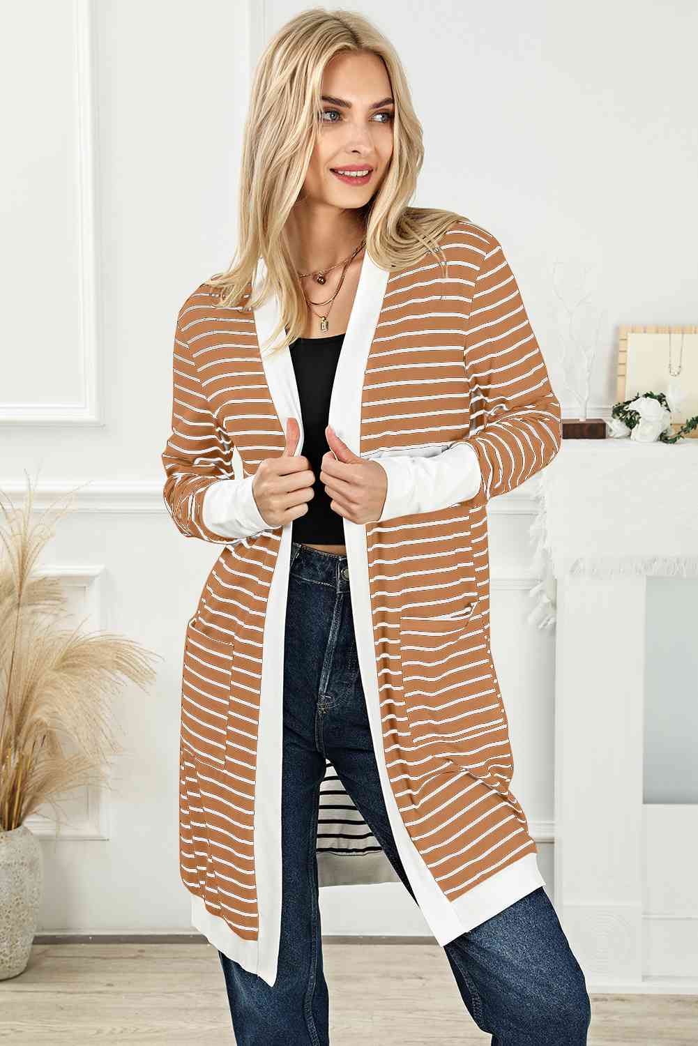Striped Open Front Longline Cardigan Trendsi