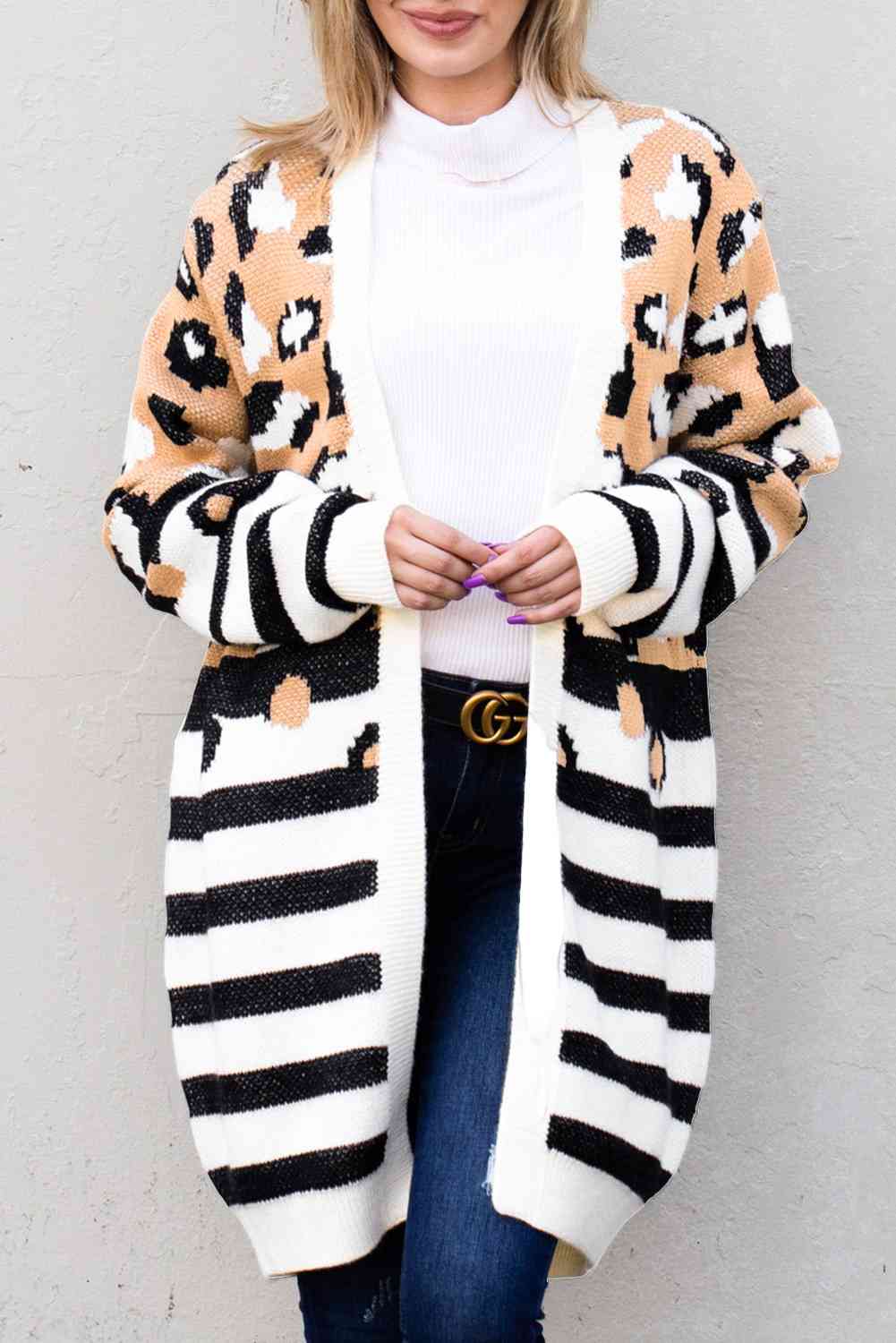 BazaarBey Striped Open Front Longline Cardigan Trendsi