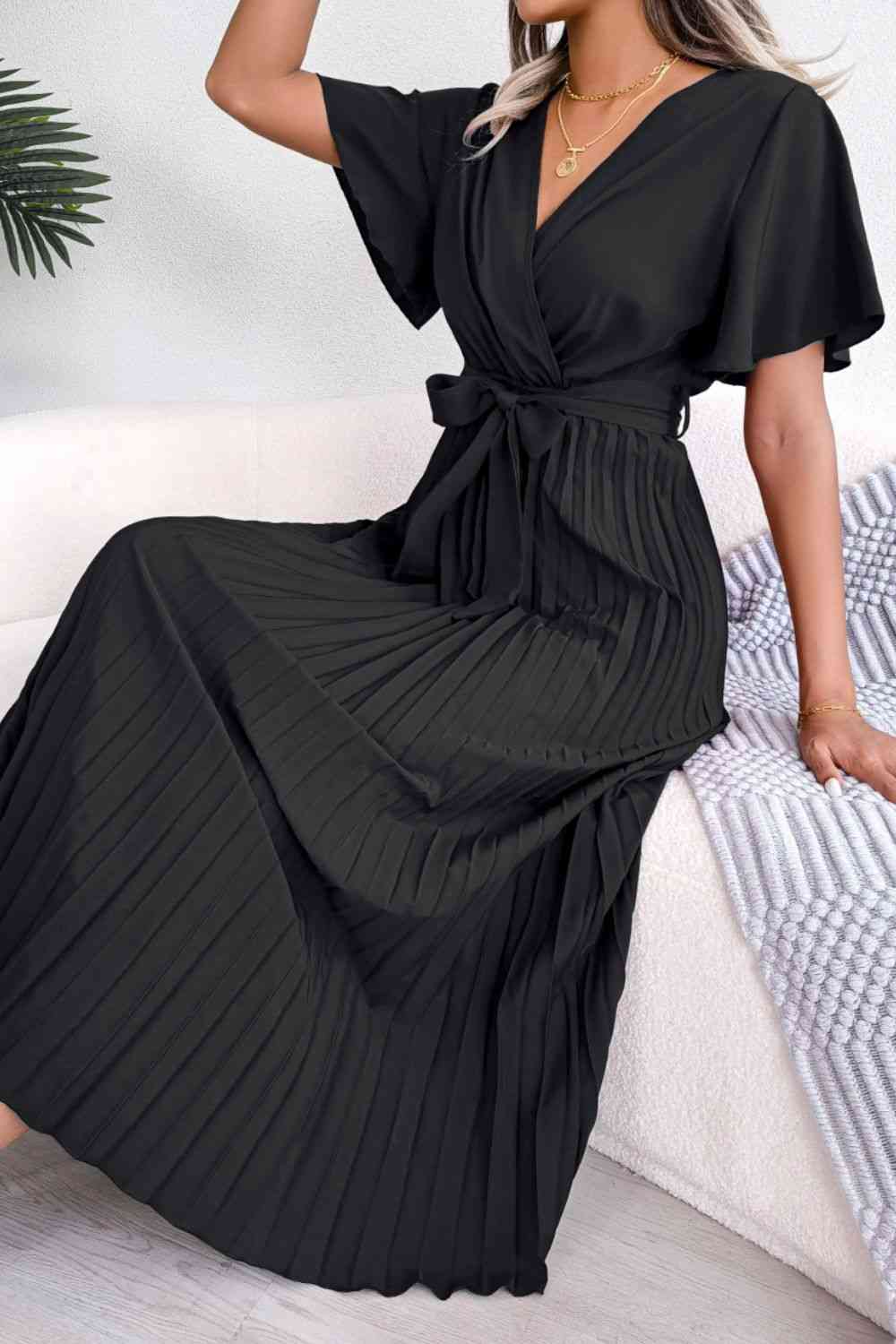 Pleated Flutter Sleeve Belted Dress -BazaarBey - www.shopbazaarbey.com