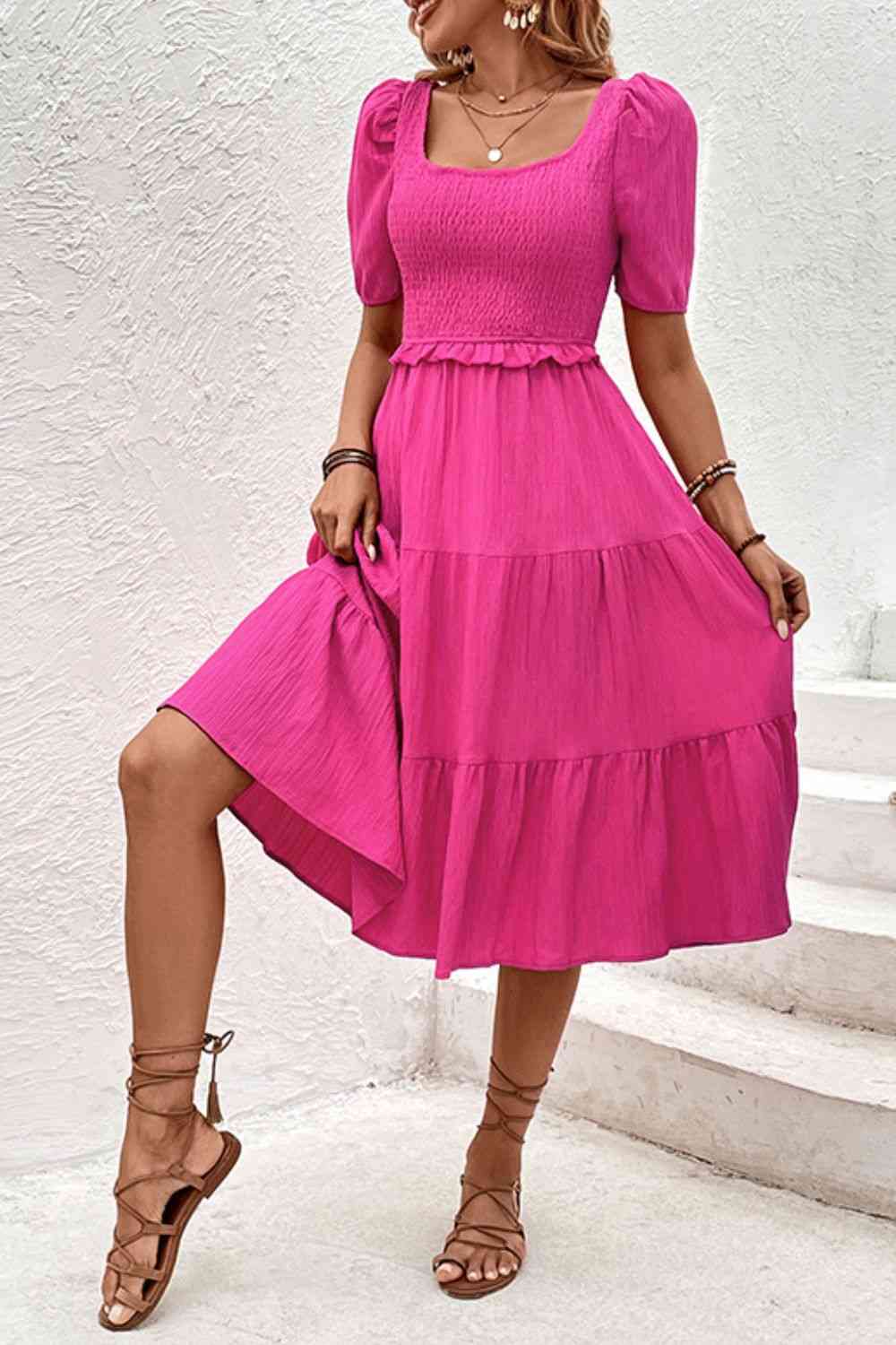 Square Neck Puff Sleeve Cutout Dress -BazaarBey - www.shopbazaarbey.com