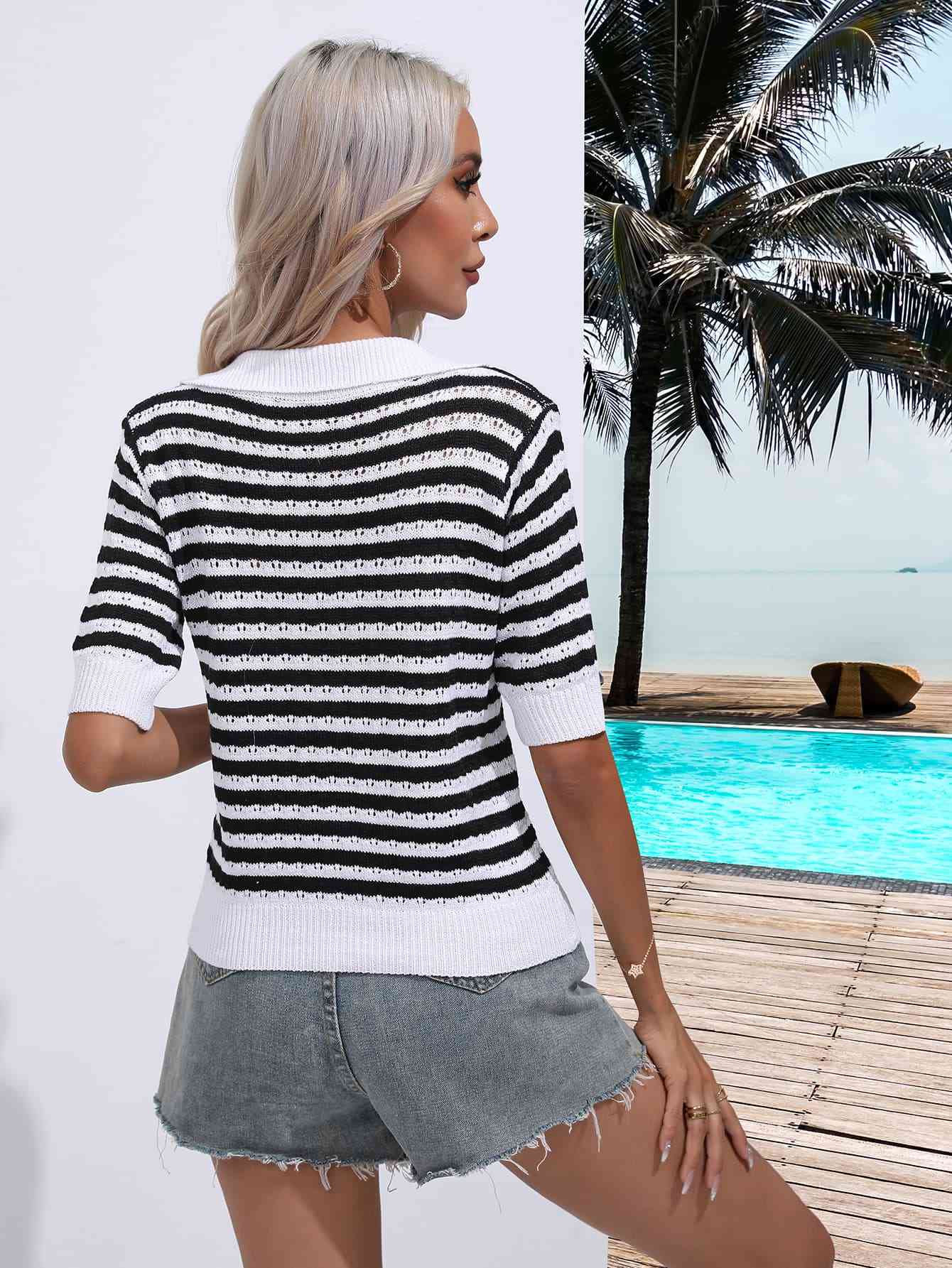Striped  Half Sleeve Knit Top Trendsi