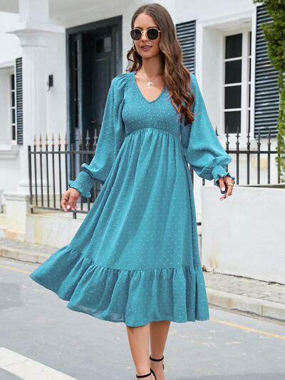  V-Neck Smocked Lantern Sleeve Ruffle Hem Dress -BazaarBey - www.shopbazaarbey.com