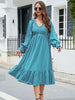  V-Neck Smocked Lantern Sleeve Ruffle Hem Dress -BazaarBey - www.shopbazaarbey.com