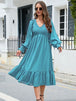  V-Neck Smocked Lantern Sleeve Ruffle Hem Dress -BazaarBey - www.shopbazaarbey.com