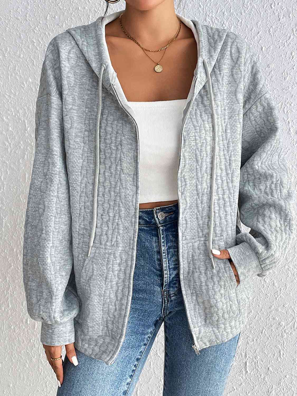 Zip Up Drawstring Long Sleeve Hoodie with Pockets Trendsi