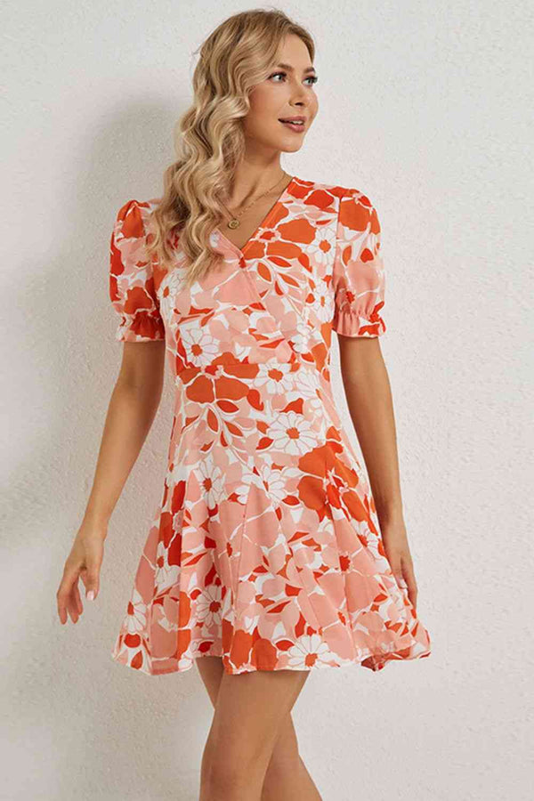 Floral  Neck Flounce Sleeve Dress -BazaarBey - www.shopbazaarbey.com