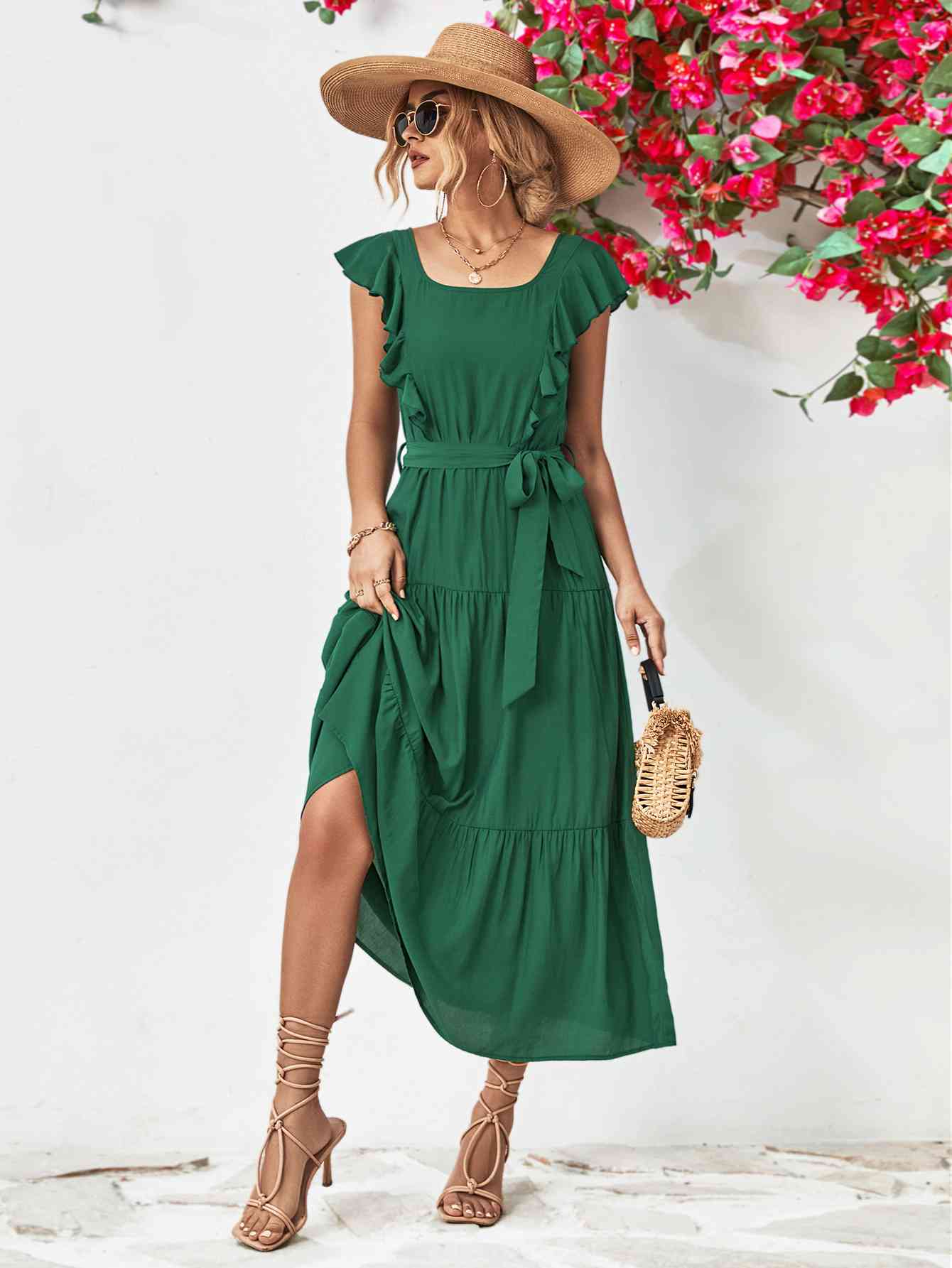 Tie Belt Ruffled Tiered Dress -BazaarBey - www.shopbazaarbey.com