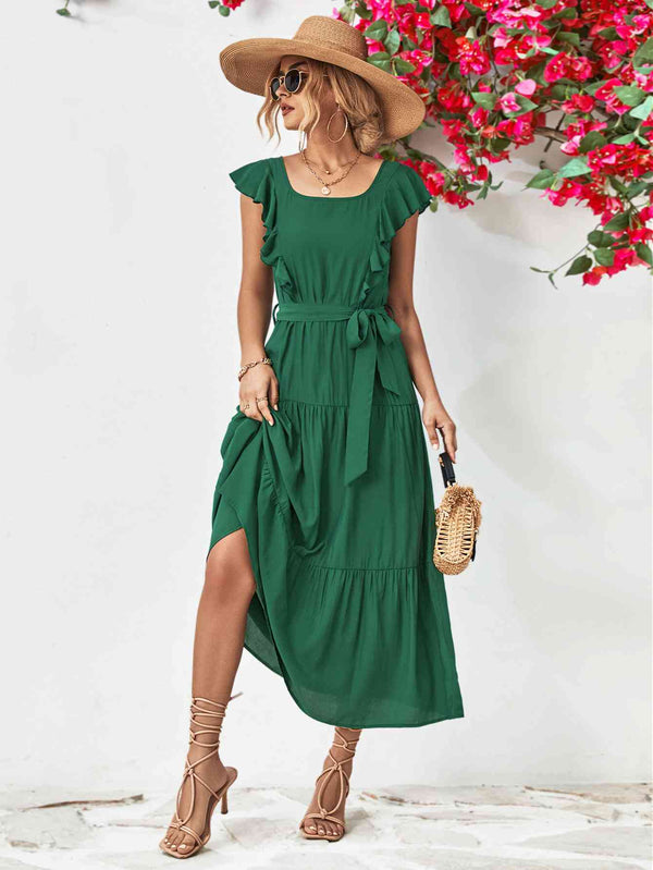 Tie Belt Ruffled Tiered Dress -BazaarBey - www.shopbazaarbey.com