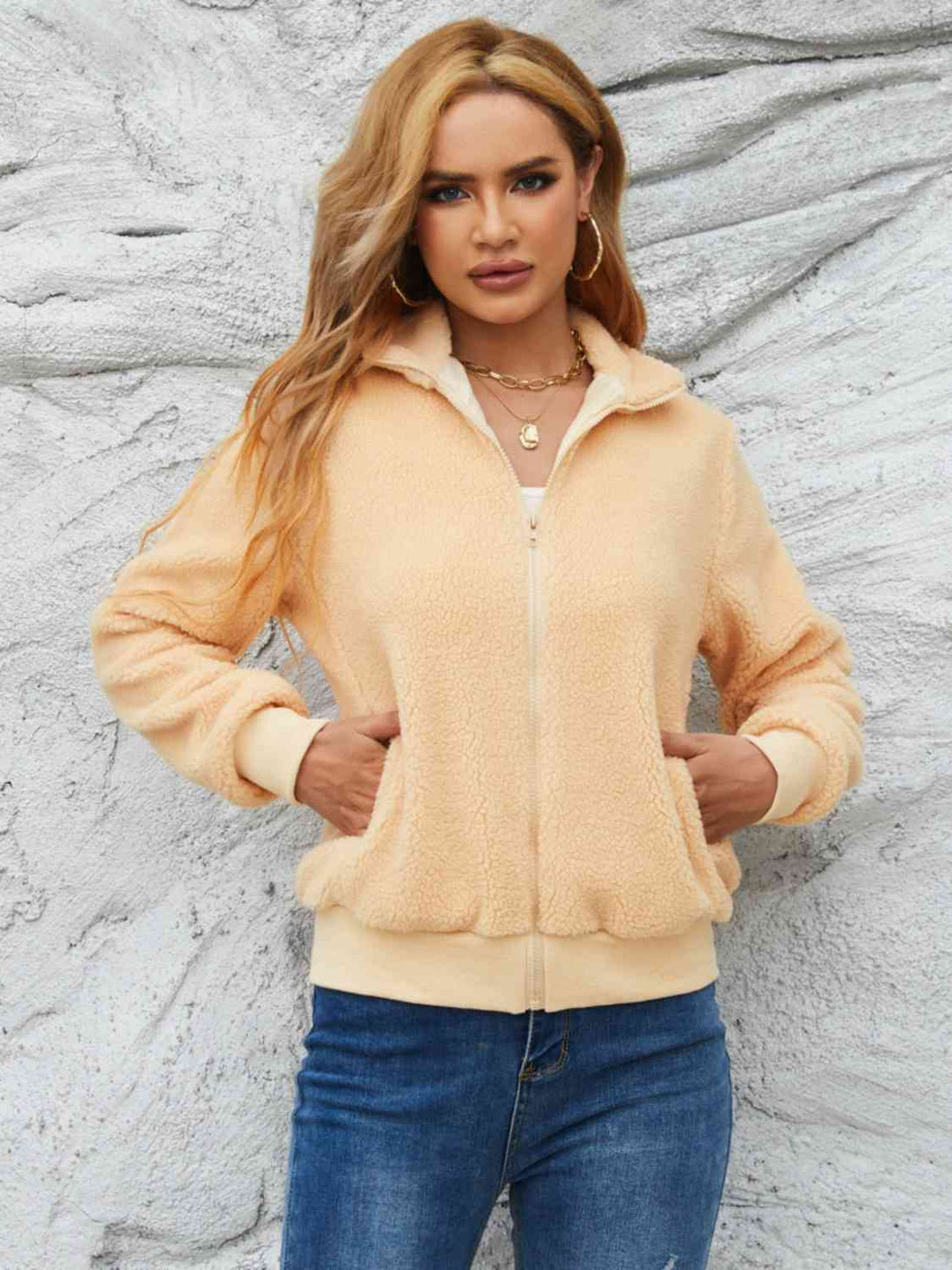 Zip Up Collared Neck Long Sleeve Jacket Trendsi