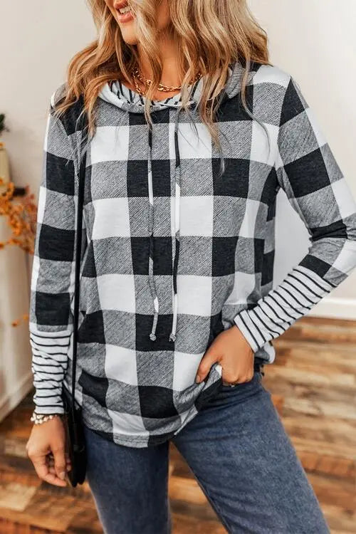 Plaid Drawstring Long Sleeve Hoodie Bazaarbey