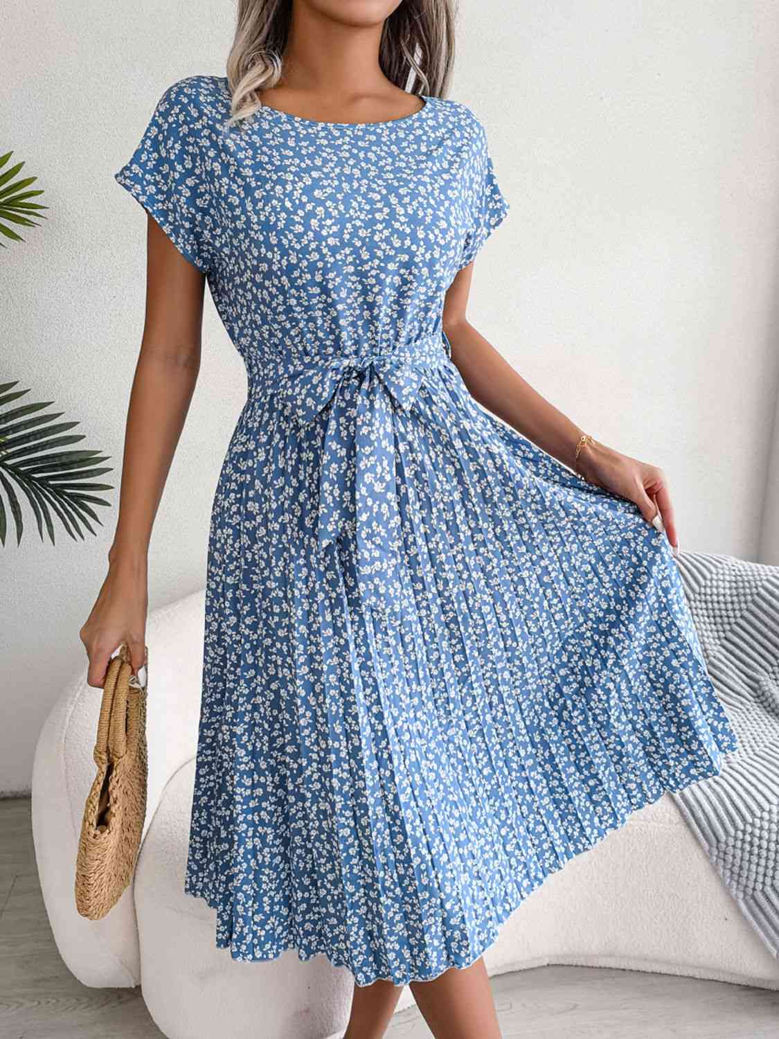  Floral Pleated Belted Dress -BazaarBey - www.shopbazaarbey.com