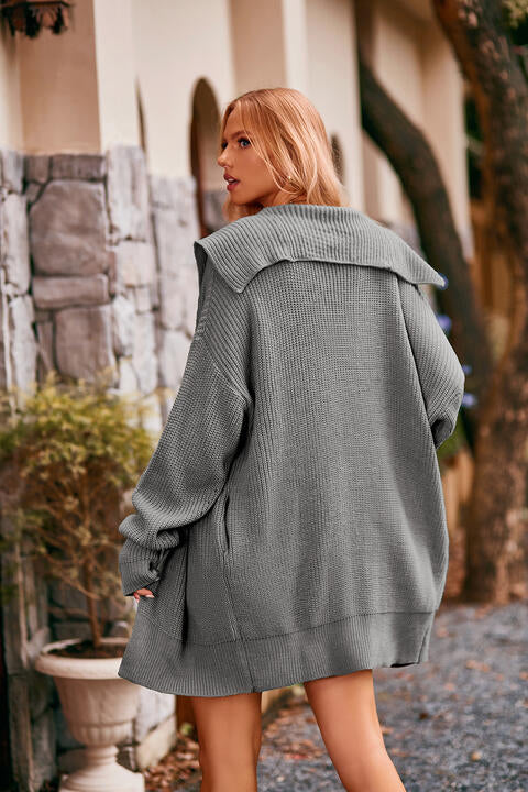 Collared Neck Button-Up Cardigan with Pockets Trendsi