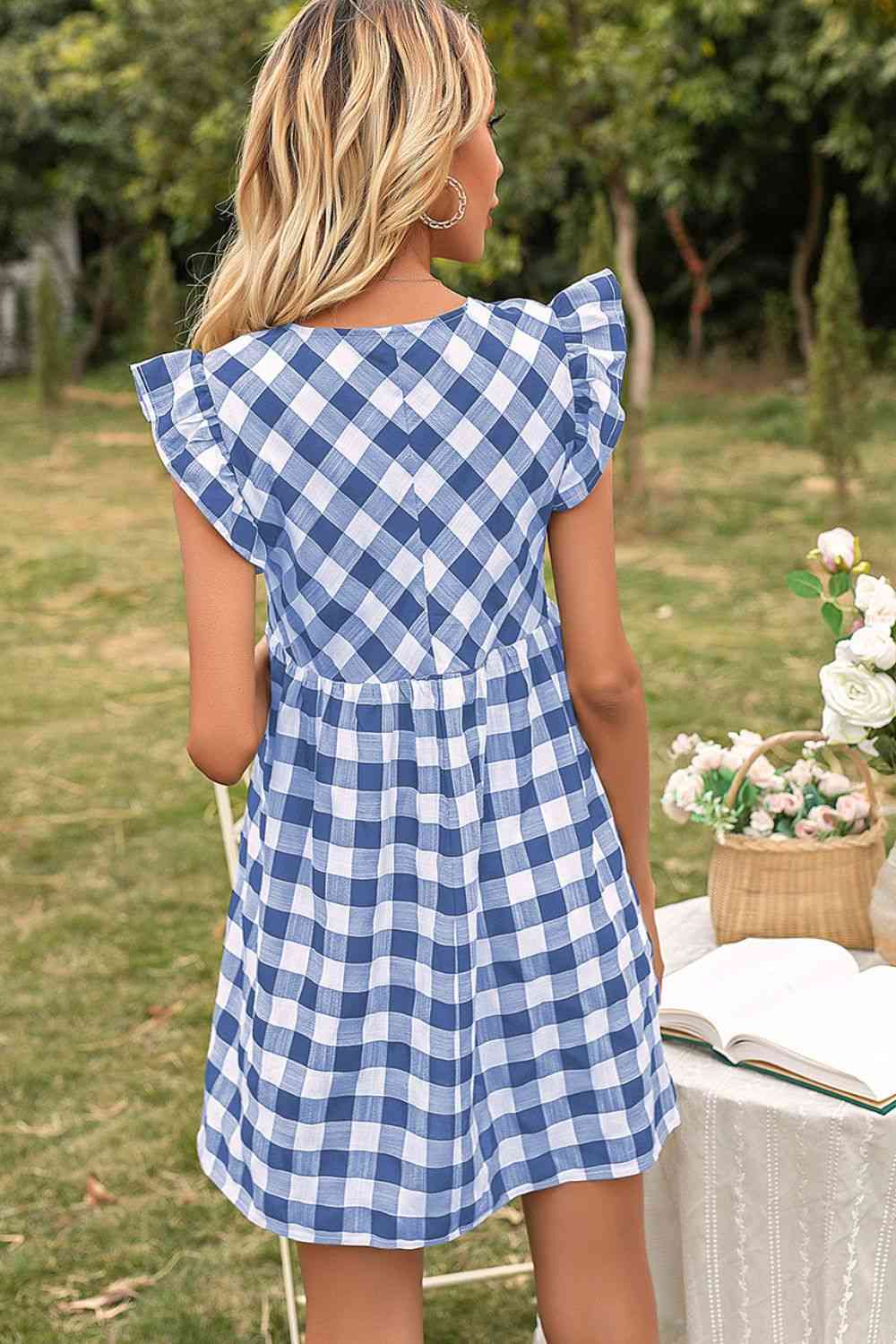 Plaid Butterfly Sleeve Deep V Dress -BazaarBey - www.shopbazaarbey.com