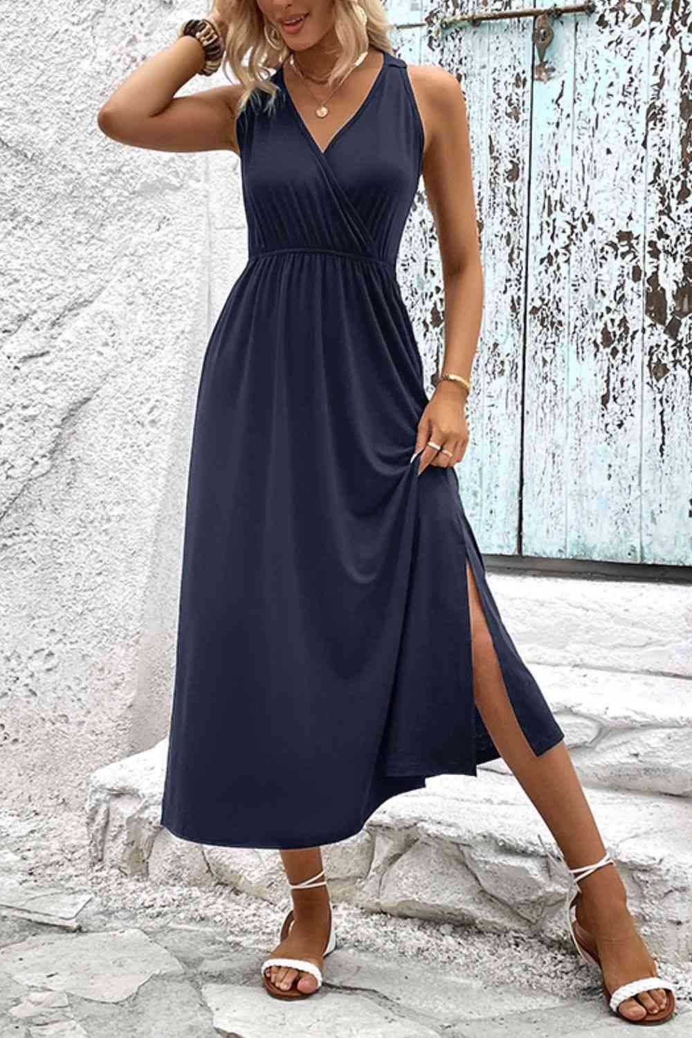  Neck Slit Sleeveless Dress -BazaarBey - www.shopbazaarbey.com