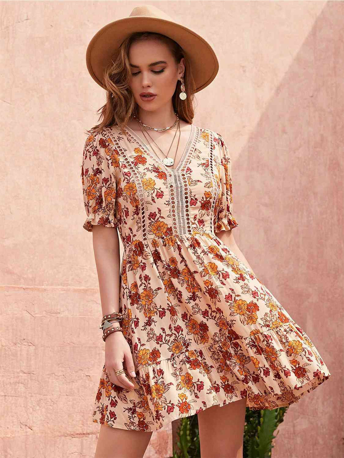 Floral V-Neck Flounce Sleeve Ruffle Hem Dress -BazaarBey - www.shopbazaarbey.com