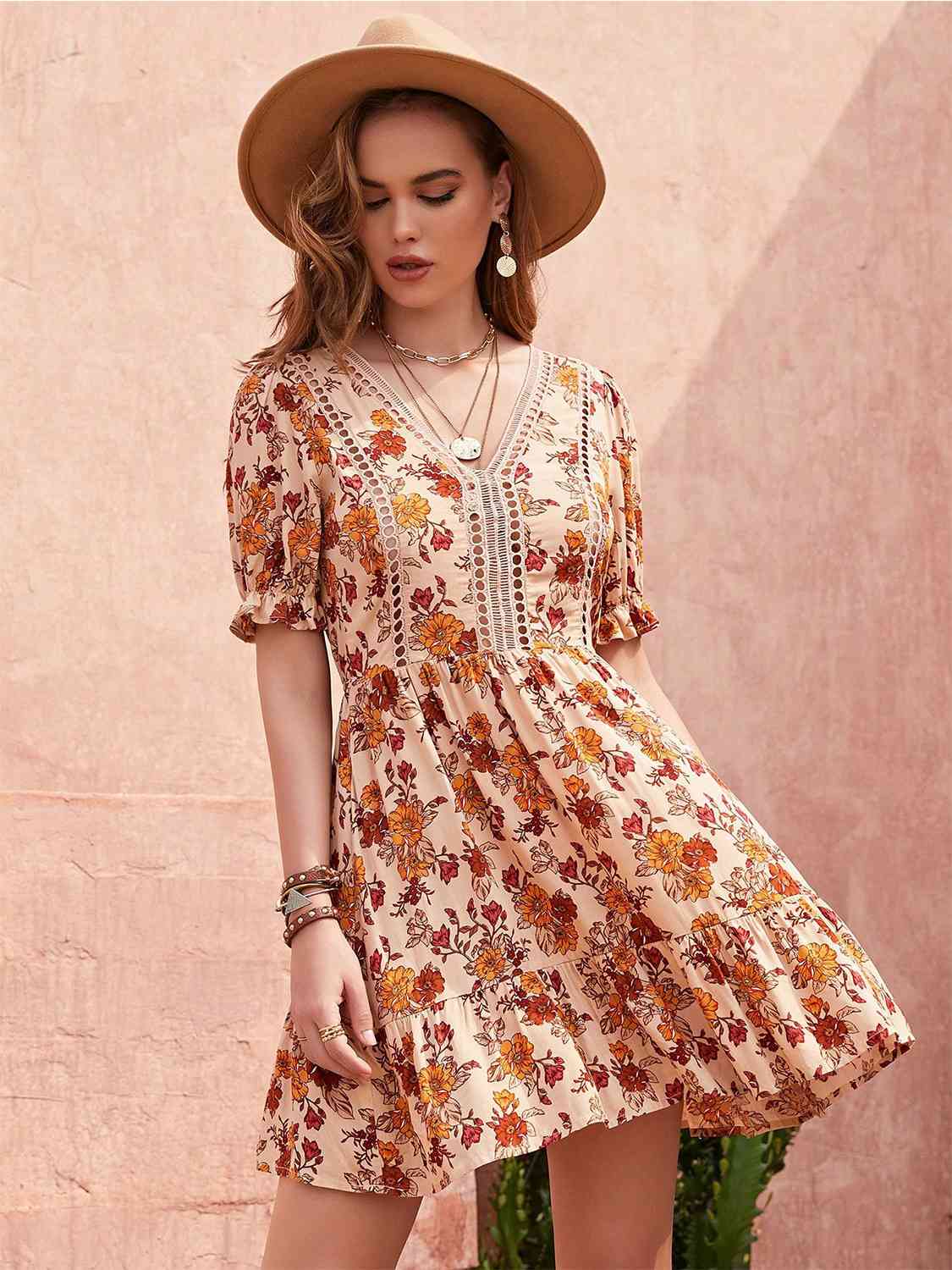Floral V-Neck Flounce Sleeve Ruffle Hem Dress -BazaarBey - www.shopbazaarbey.com