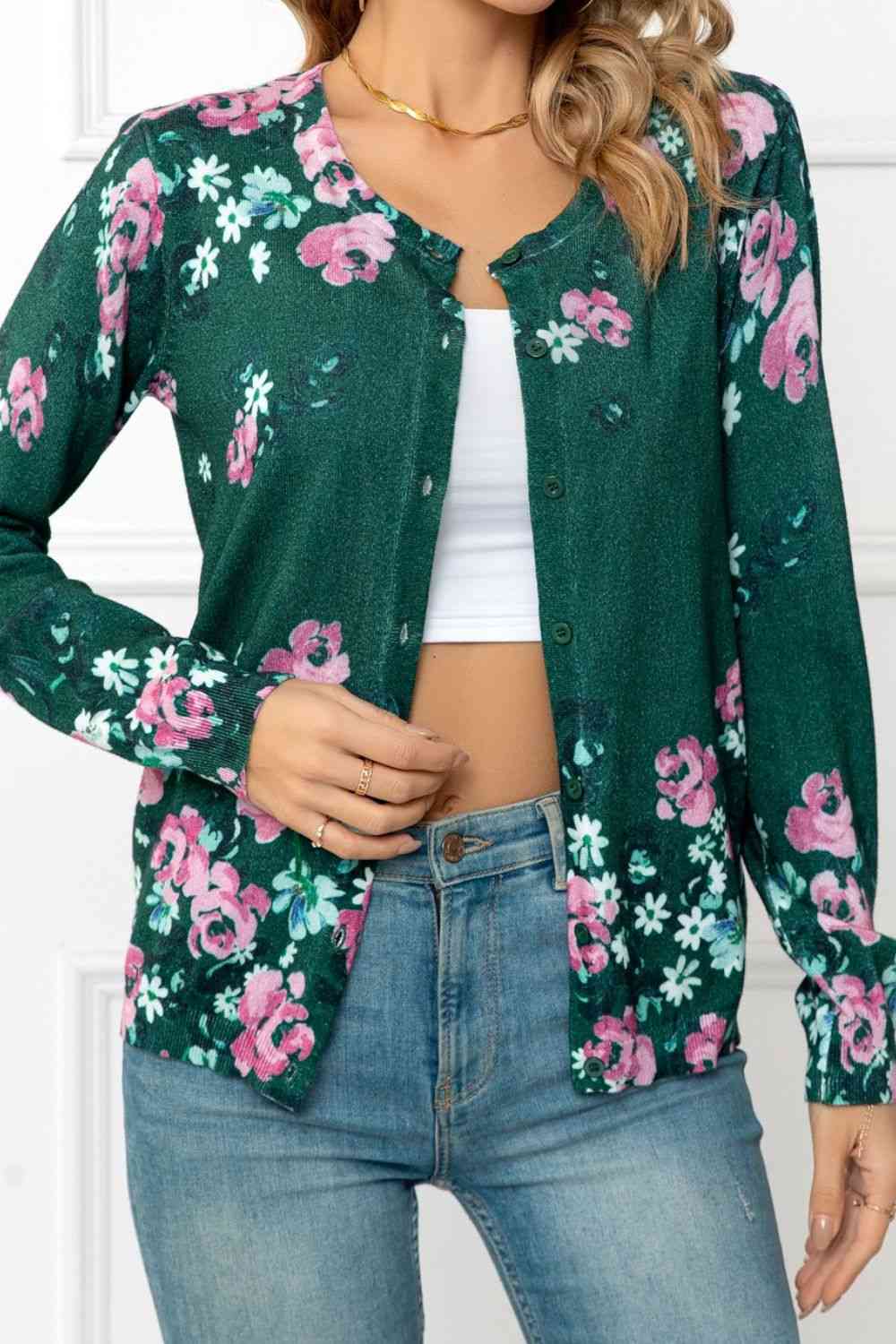  Floral Button Front Round Neck Cardigan Trendsi