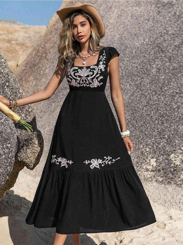 Embroidered Square Neck Ruffle Hem Dress -BazaarBey - www.shopbazaarbey.com