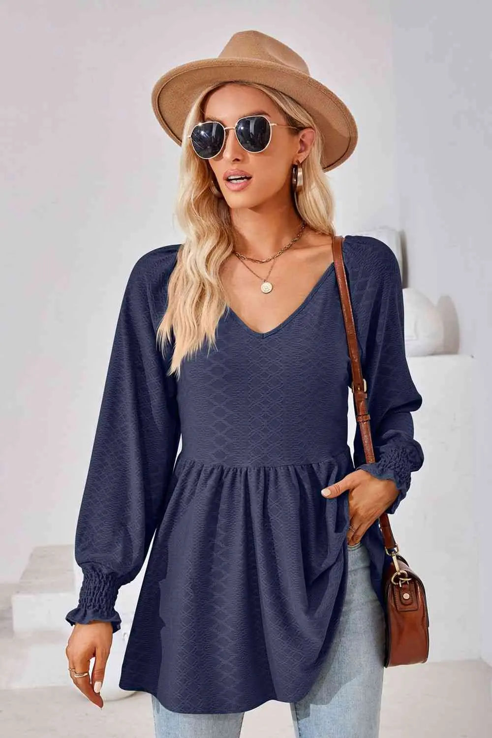 V-Neck Lantern Sleeve Blouse Bazaarbey