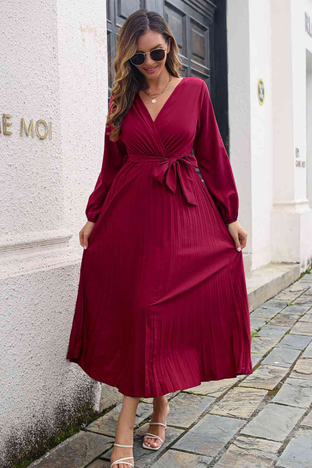 Pleated Long Sleeve  Maxi Dress -BazaarBey - www.shopbazaarbey.com