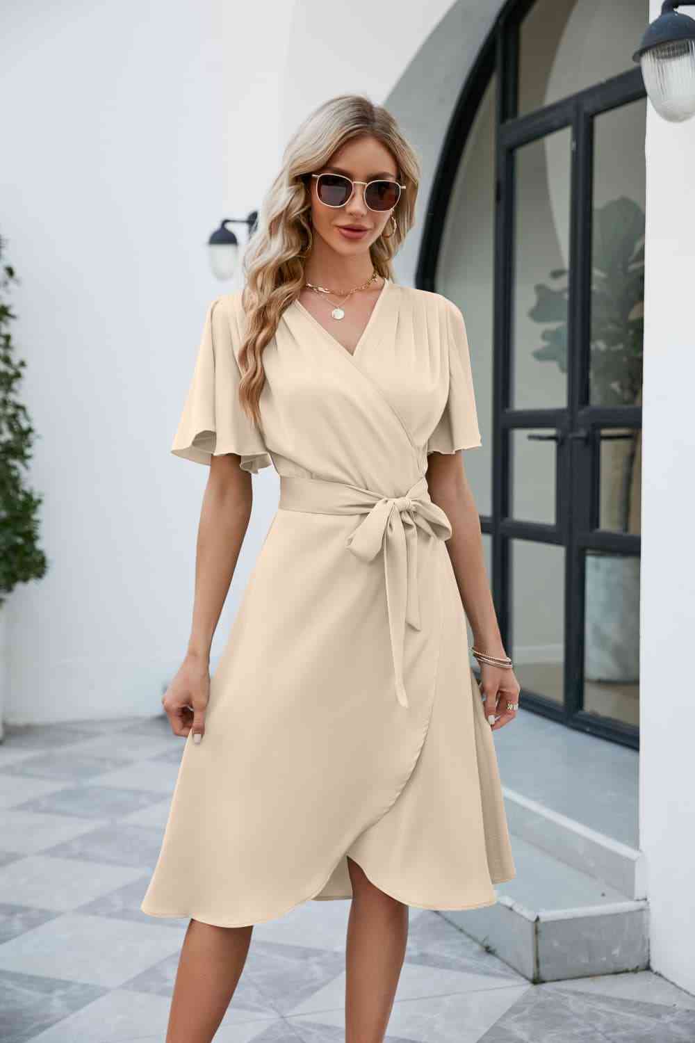 Tie Waist Flutter Sleeve Surplice Dress Bazaarbey