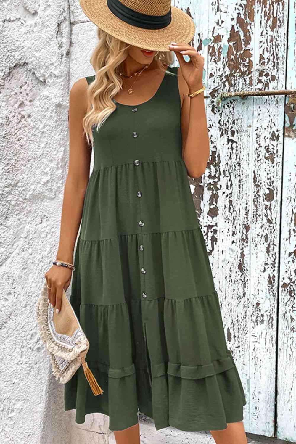 Decorative Button Scoop Neck Tiered Sleeveless Dress -BazaarBey - www.shopbazaarbey.com