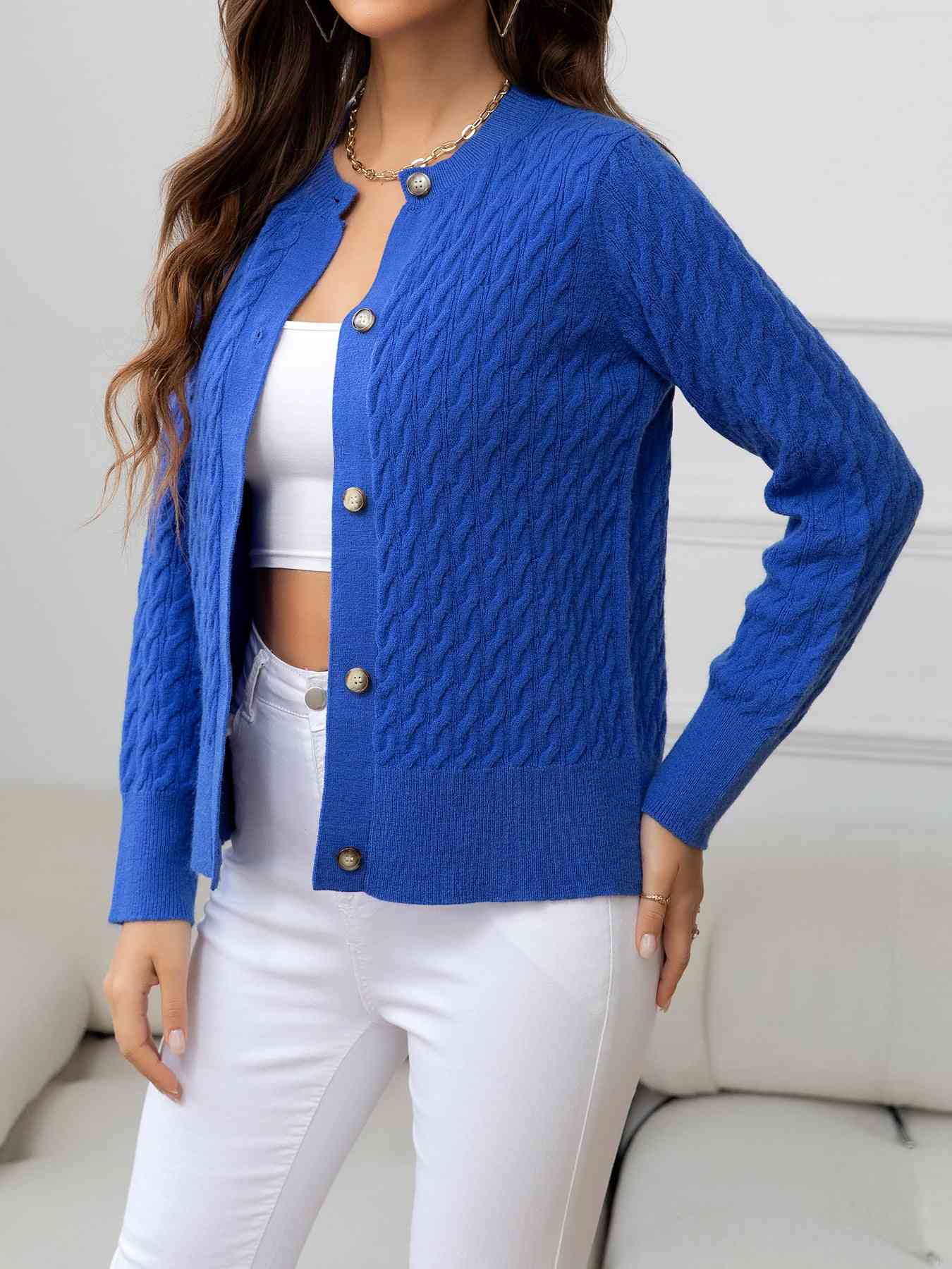Round Neck Cable-Knit Buttoned Knit Top Trendsi
