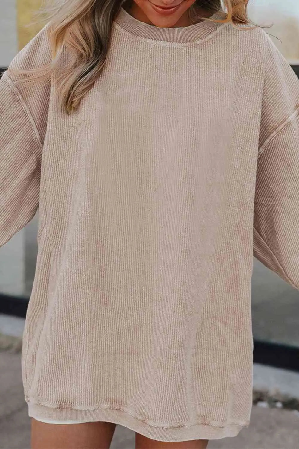 Ribbed Round Neck Drop Shoulder Sweatshirt Bazaarbey
