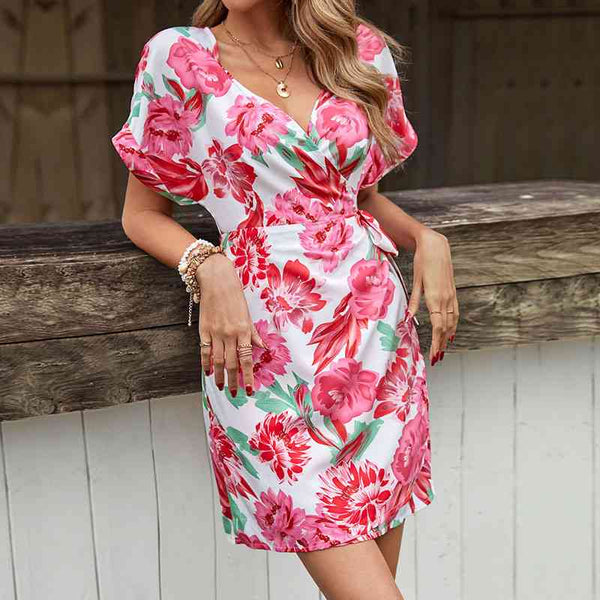 Floral Tied Short Sleeve Mini Dress -BazaarBey - www.shopbazaarbey.com