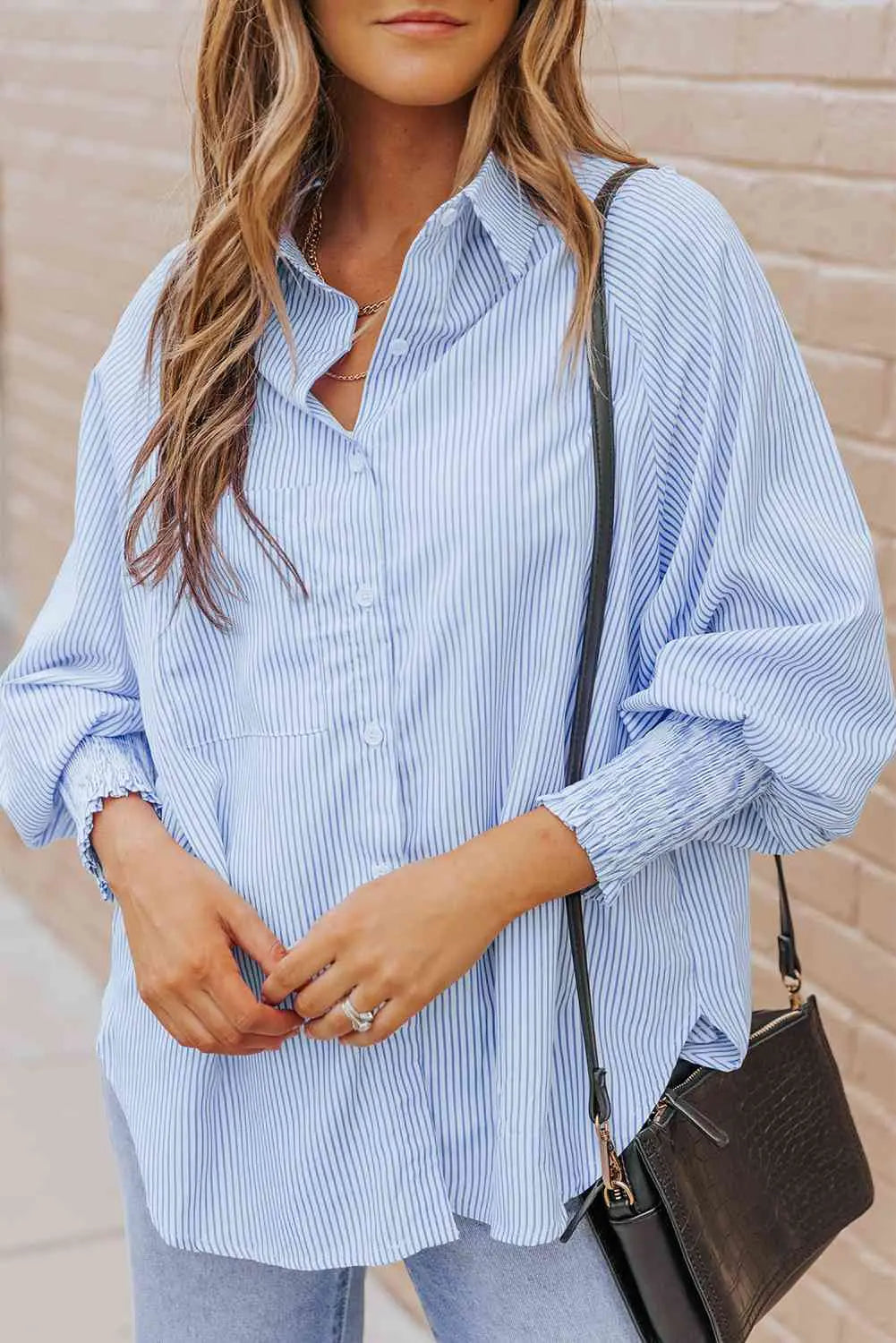 Striped Lantern Sleeve Collared Shirt Trendsi