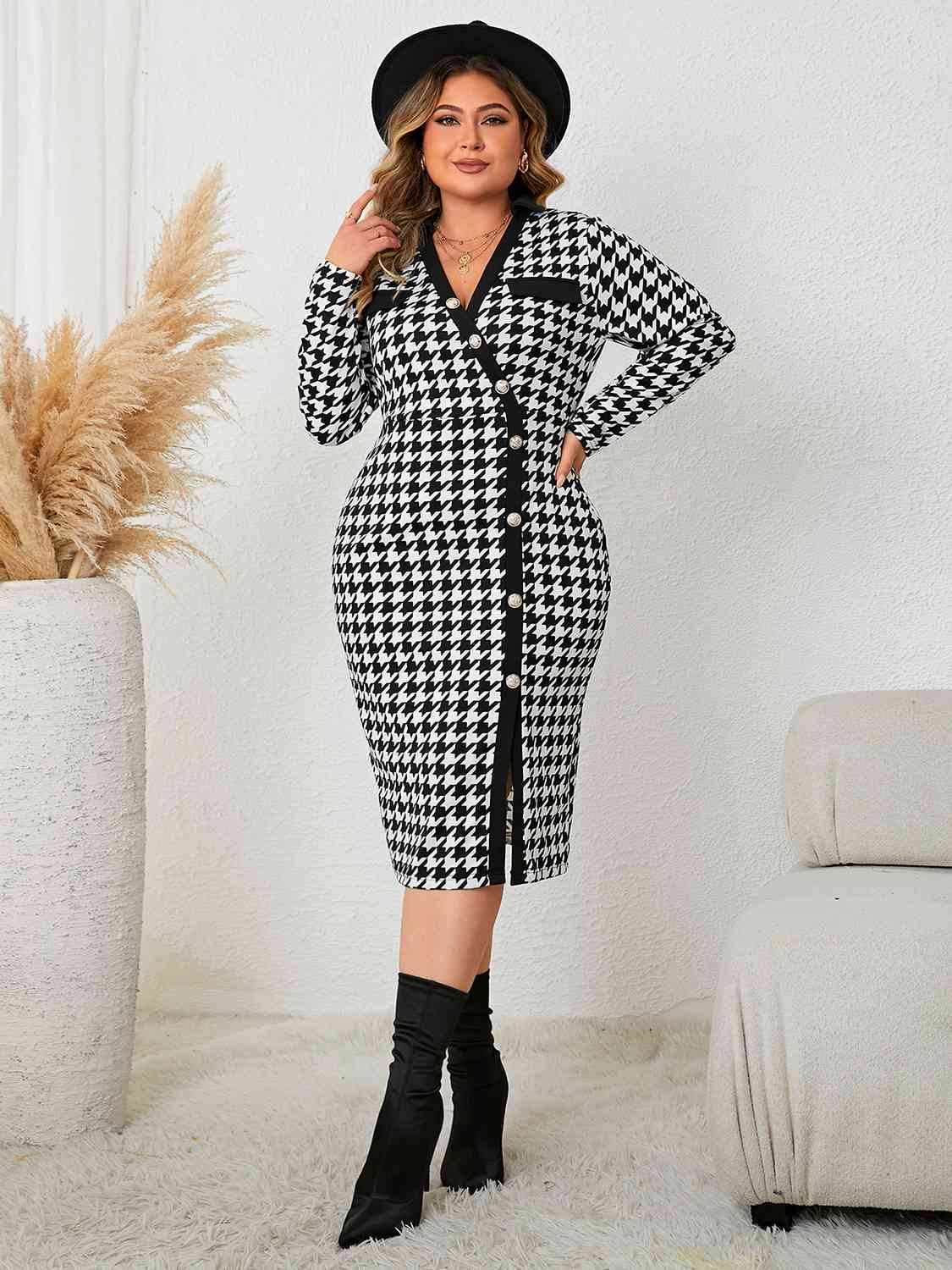 Plus Size  Long Sleeve Slit Dress -BazaarBey - www.shopbazaarbey.com