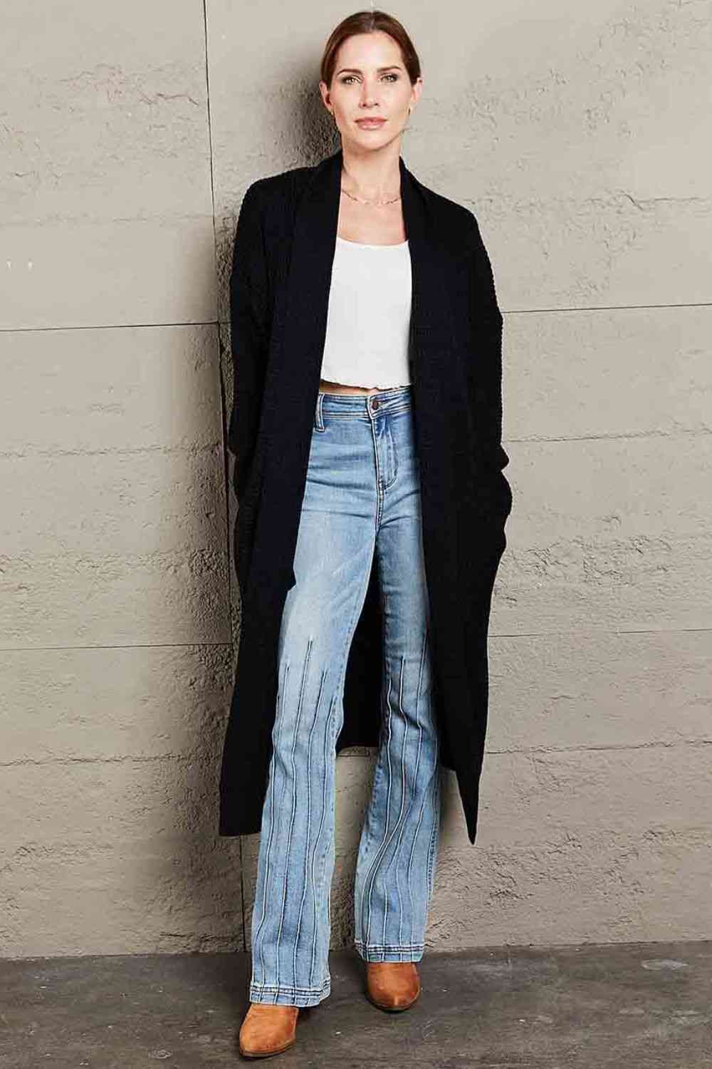  Waffle Knit  Duster Cardigan With Pockets Trendsi