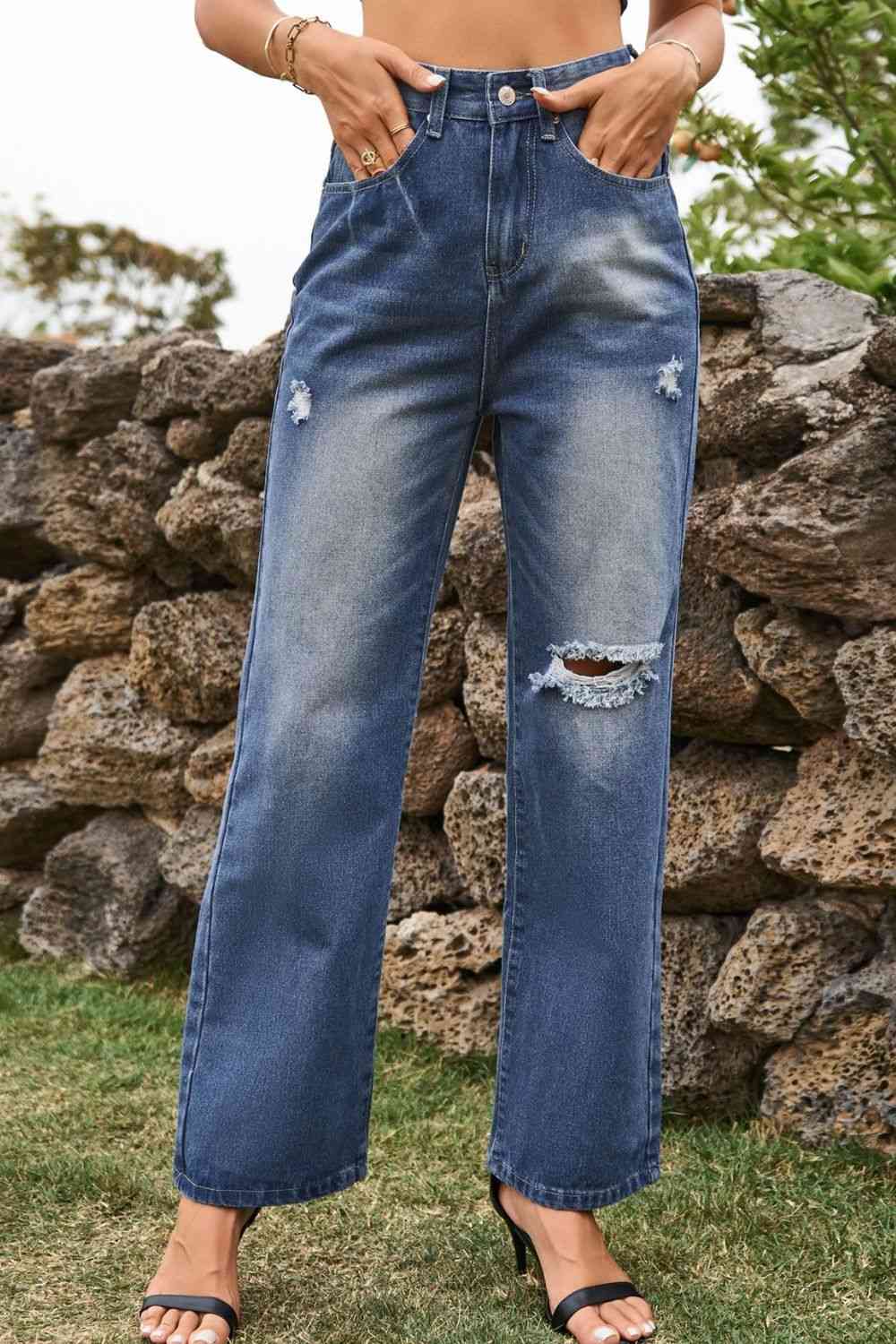 Distressed Buttoned Loose Fit Jeans Trendsi