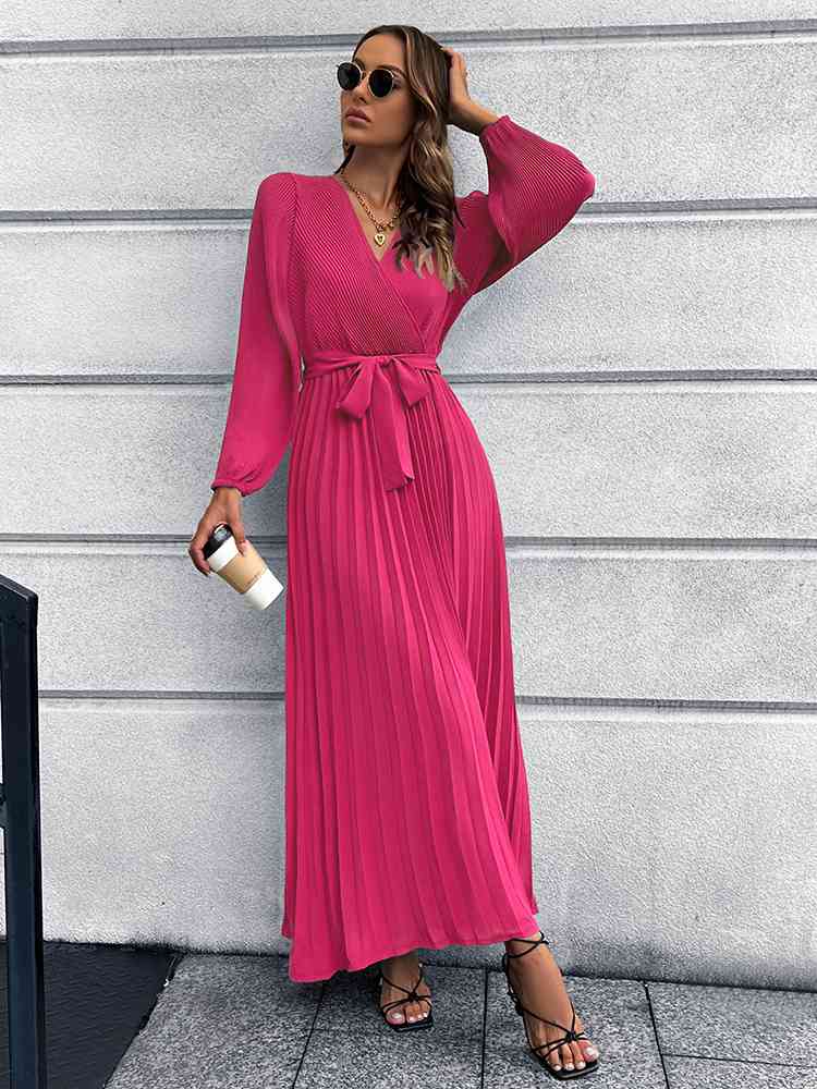 V-Neck Tie Waist Pleated Maxi Dress Bazaarbey